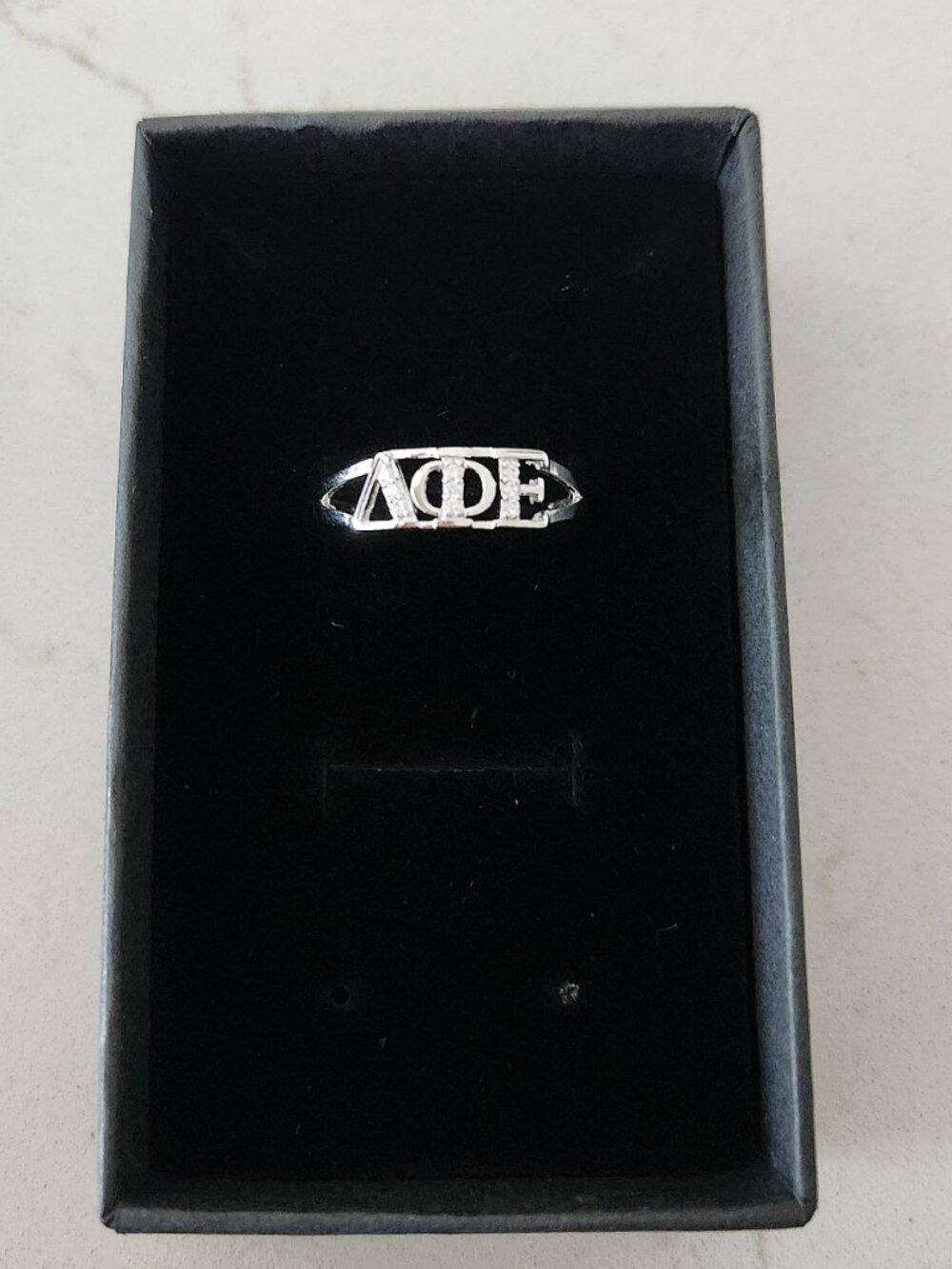 New: Delta Phi Epsilon Sorority Ring - Sterling Silver and CZ Size 8